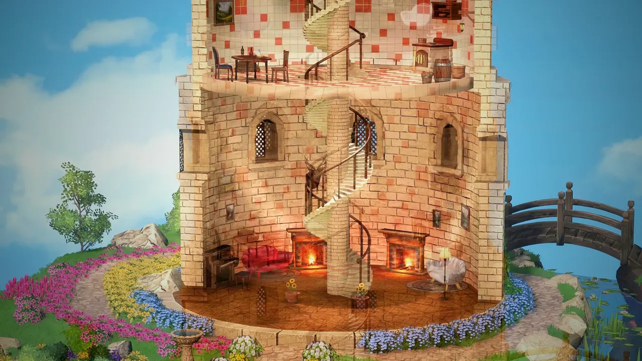 The castle tower sliced open to show a spiral staircase and firelit rooms on every floor.